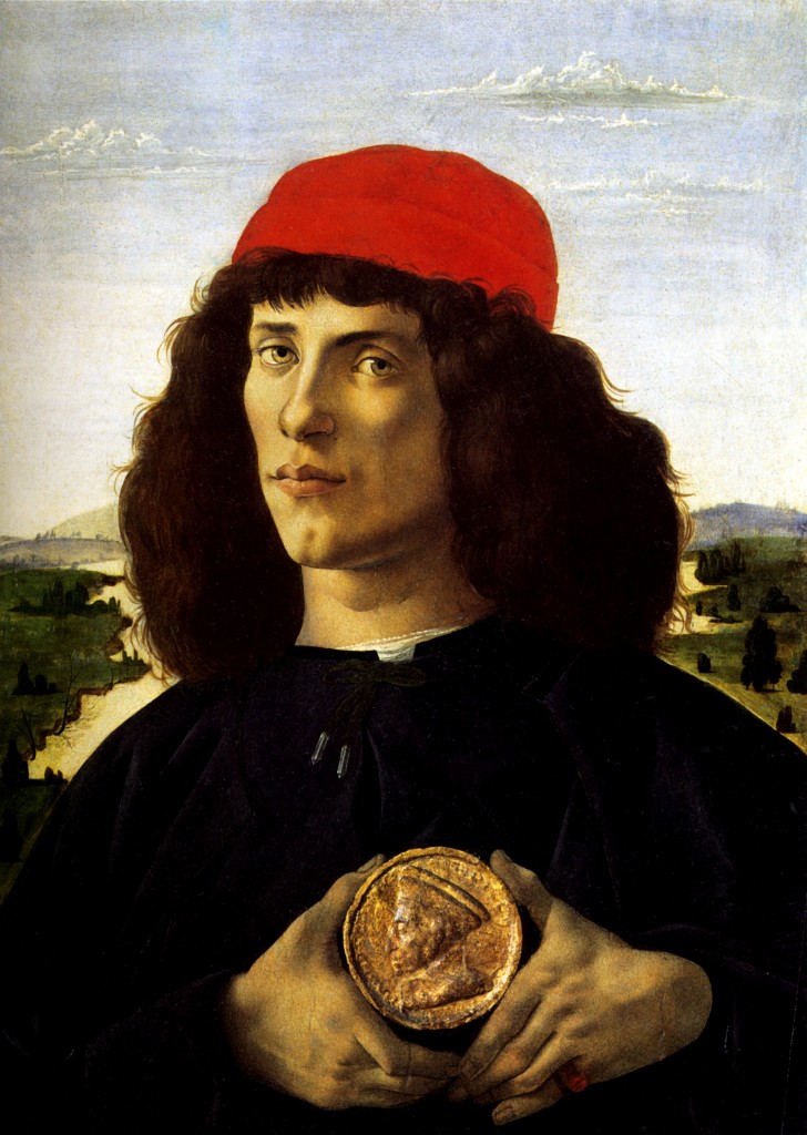 [Clio Team] 1475  Sandro Botticelli  Portrait d'Homme tenant une médaille de Cosme l'Ancien  Détrempe sur panneau   57,5x44 cm  Florence, Galleria degli Uffizi