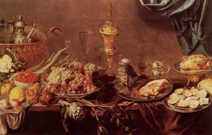 Натюрморт с устрицами, плодами и овощами, с золотыми и серебрянными изделиями и стаканами