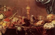 Натюрморт с устрицами, плодами и овощами, с золотыми и серебрянными изделиями и стаканами
